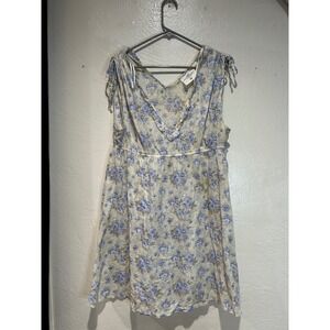 HM LOGG Blue Floral Ruffle V-Neck Tie Shoulder Empire Waist Mini Dress Womens 16